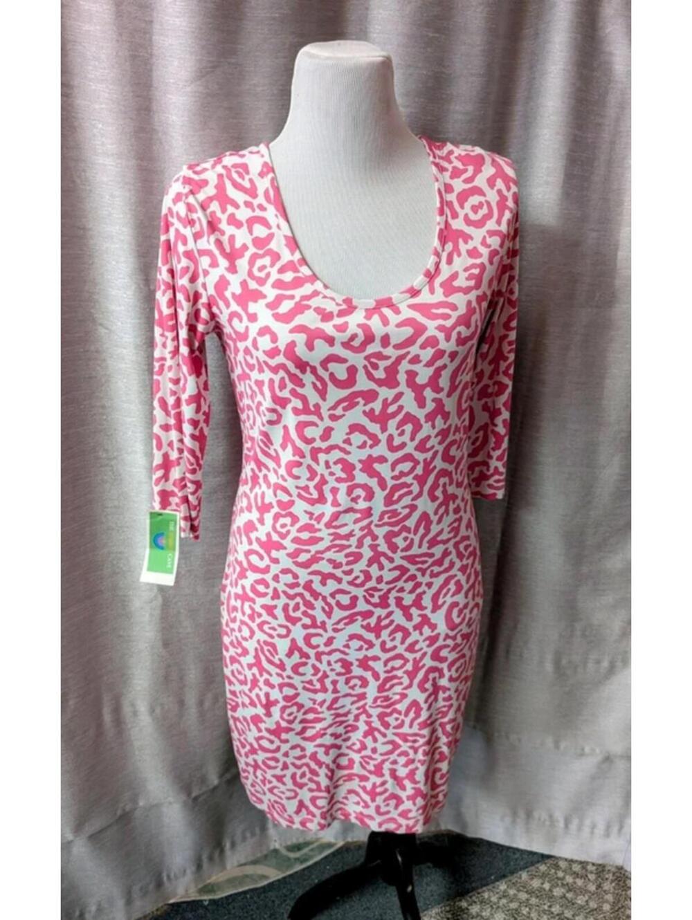 Pink White Bodycon Leopard Print Stretch Dress L